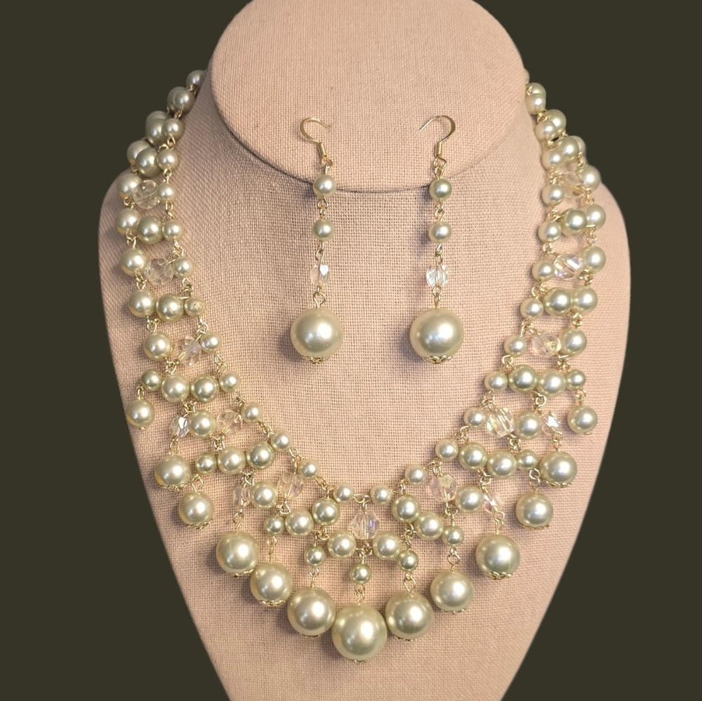 Vintage Pearl Multi-Strand Statement Necklace and Drop Earring Set - Japan